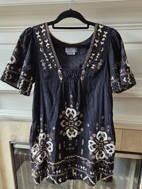 Anthropologie Black Embroidered Tunic Dress Boho Cottagecore Pockets Size S